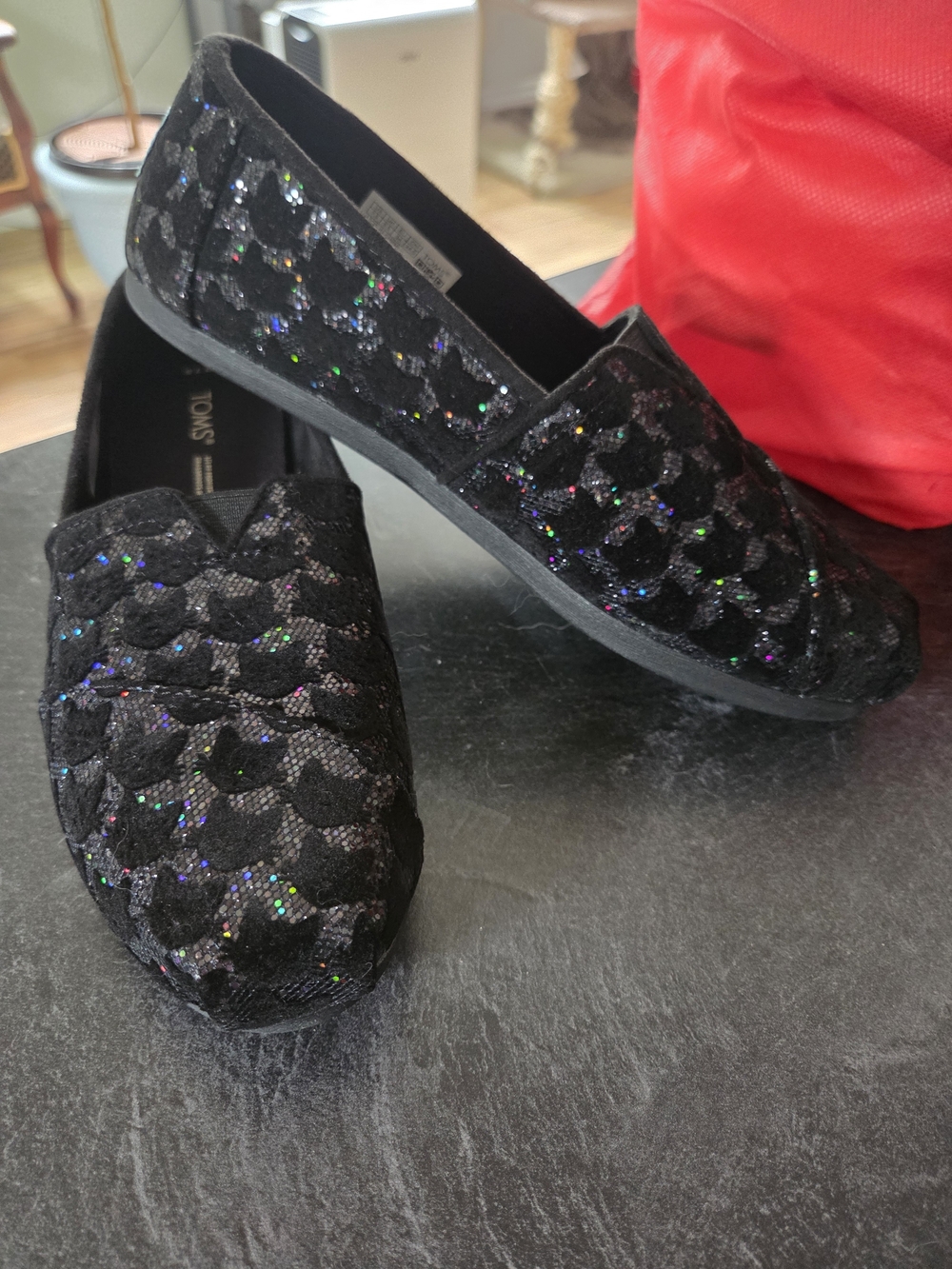 TOMS Black Glitter Lace Slip-On Flats